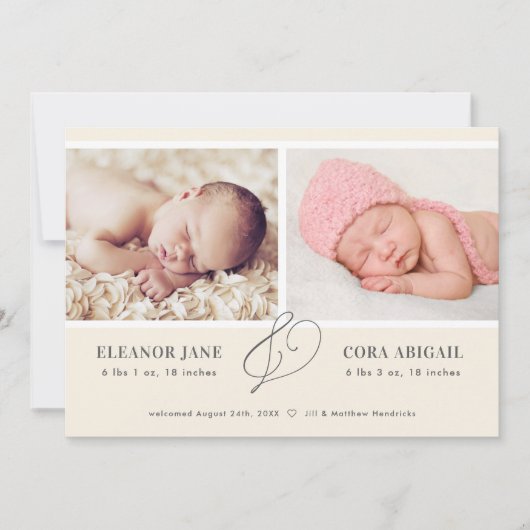 Yellow Simple Twins Photo Birth Aankondiging (Voorkant)