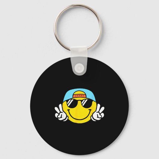 Yellow Smile Face Cute Checkered Peace Smiling Hap Sleutelhanger (Voorkant)