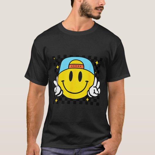 Yellow Smile Face Cute Checkered Peace Smiling Hap T-shirt (Voorkant)