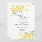 Yellow Spring Mimosa Floral Wedding Bewaar de datu Kaart (Voorkant / Achterkant)