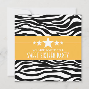Yellow Stars Zebra Print Sweet 16 Invitation
