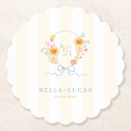 Yellow Stripe Floral Crest Monogram Spring Wedding Kartonnen Onderzetters