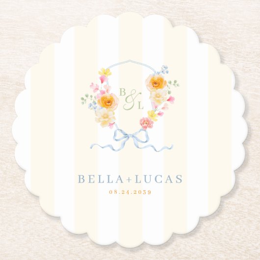 Yellow Stripe Floral Crest Monogram Spring Wedding Kartonnen Onderzetters (Voorkant)