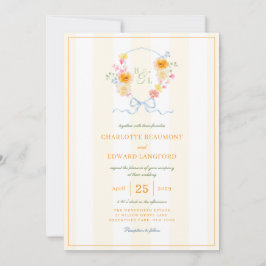 Yellow Stripe Floral Crest Spring Monogram Wedding Kaart