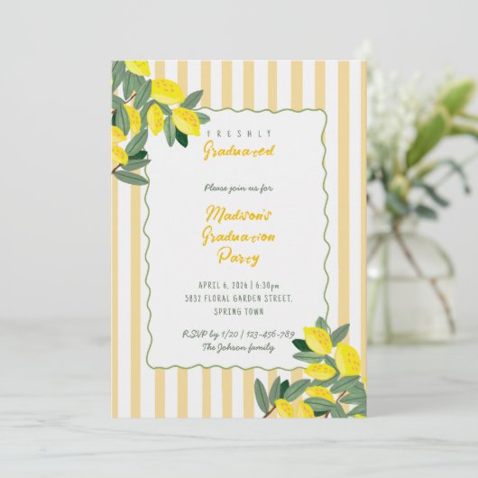 Yellow Stripe Lemon Graduation Party Invitation (Debout devant)