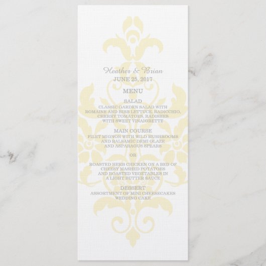 Yellow Subtle Damask Wedding Menu (Voorkant)