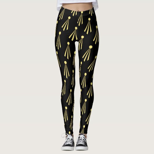 Yellow Sun Rays Patroon op zwart Leggings (Voorkant)