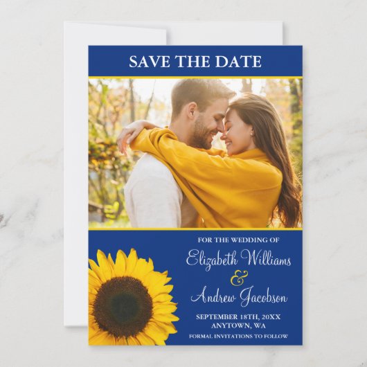 Yellow Sunflower Blue foto Save the Date (Voorkant)