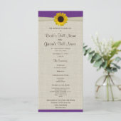 Yellow Sunflower en Burlap Paarse bruiloft program Programma (Staand voorkant)