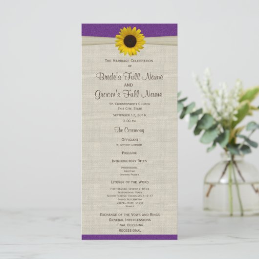 Yellow Sunflower en Burlap Paarse bruiloft program Programma (Staand voorkant)