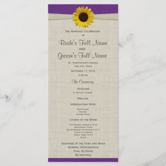 Yellow Sunflower en Burlap Paarse bruiloft program Programma (Voorkant)