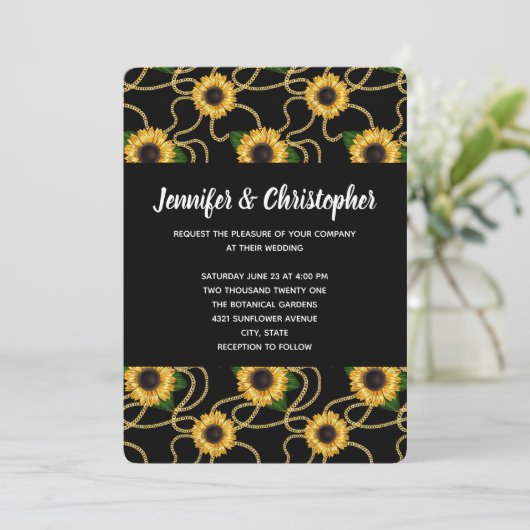 -Yellow Sunflower Pattern op Black Weddenschap Kaart (Staand voorkant)