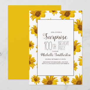 Yellow Sunflower White 100th Birthday Party Kaart