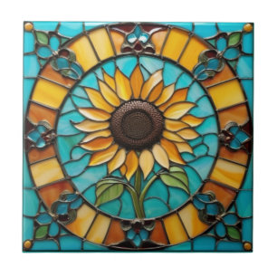 Yellow Sunflowers Faux Glas in lood Aqua Blue Tegeltje