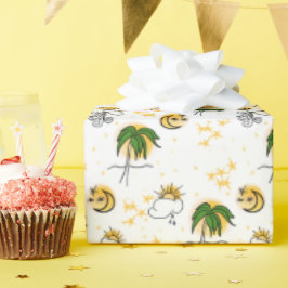 Yellow Suns Stars Moon Green Palm Scrapbook Paper Cadeaupapier