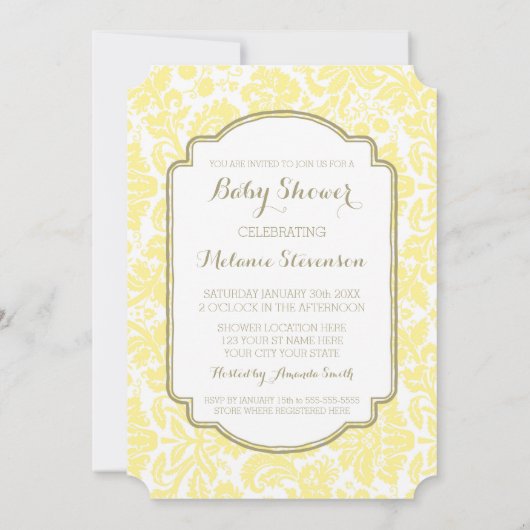 Yellow Tan Damask Custom Baby Shower Invitations (Dos)