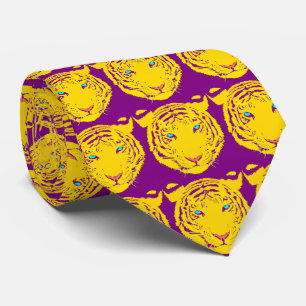 Yellow Tiger Head Paarse accenten op Paarse stropd Stropdas