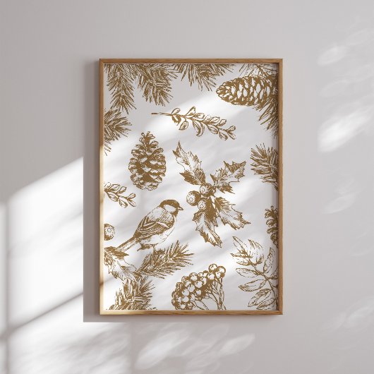 Yellow Toile Christmas Bird and Pine Poster