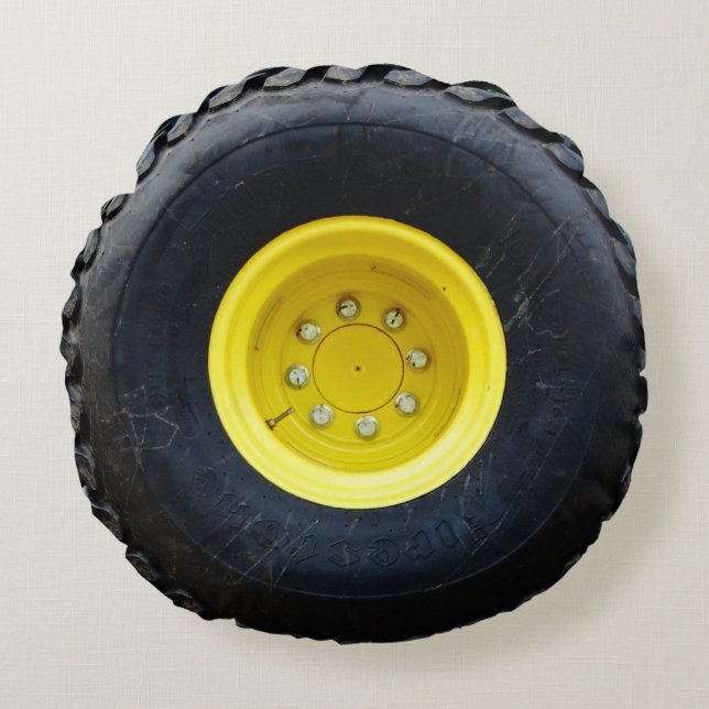 yellow tractor wheel rond kussen (Voorkant)