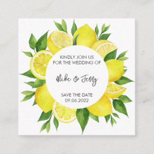 Yellow Tropical Lemon Citrus Monogram Weddenschap Informatiekaartje