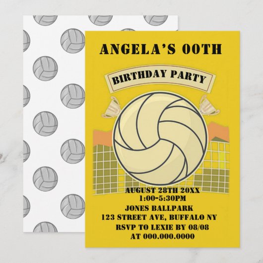 Yellow Volleyball Birthday Party Invites (Voorkant / Achterkant)