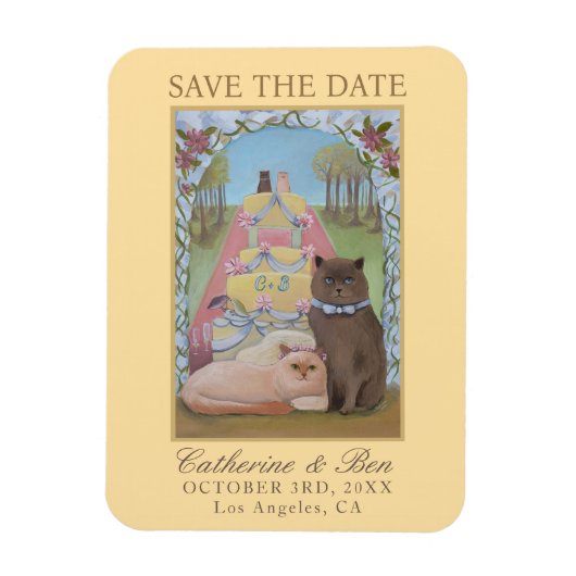 Yellow Wedding Save The Date Cat Couple Magneet (Verticaal)