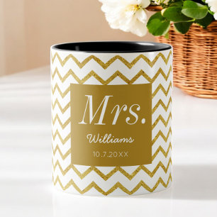 Yellow White Chevron Chic Mrs Wedding Tweekleurige Koffiemok