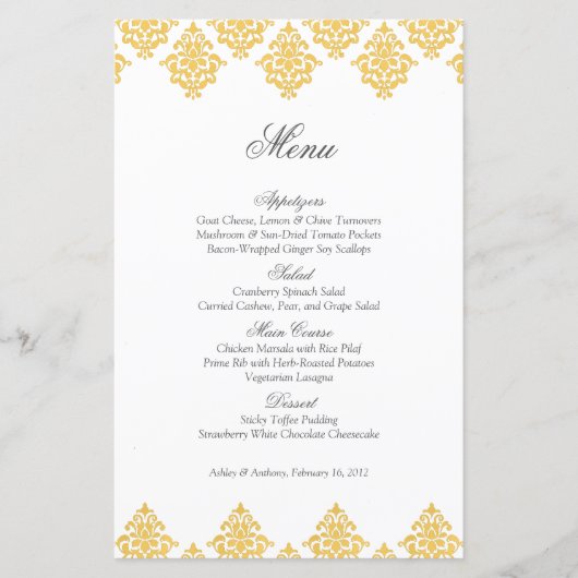 Yellow White Damask Arabesque Wedding Menu Kaart (Voorkant)