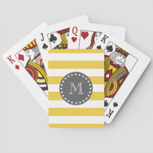 Yellow White Stripes Pattern, Charcoal Monogram Pokerkaarten