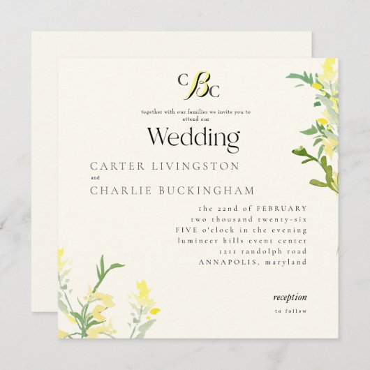 Yellow Wildflowers Monogram Square Wedding III Kaart (Voorkant / Achterkant)