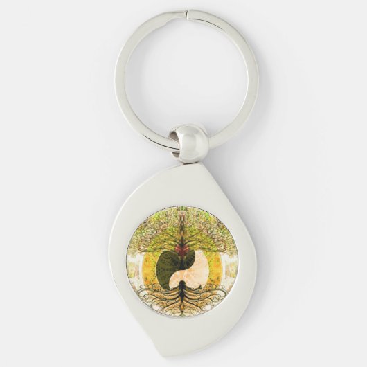 Yellow Yin Yang met levensboom Sleutelhanger (Voorkant)