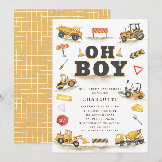YellowConstruction Truck Baby shower Invitation Kaart (Voorkant / Achterkant)