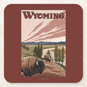Yellowstone Bison Vintage Travel Poster Vierkante Kartonnen Onderzetter