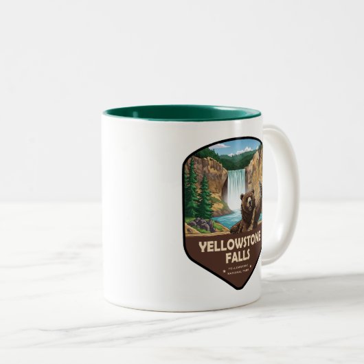 Yellowstone Falls Bear Selfie Shield Tweekleurige Koffiemok (Voorkant rechts)