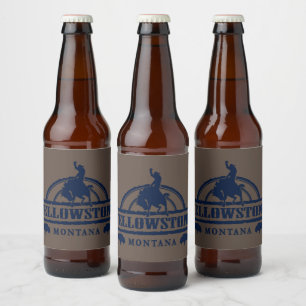 Yellowstone Montana met een Cowboy, paard, Buffalo Bier Etiket
