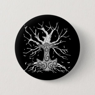 Yggdrasil, de Boom van Nine Worlds, en Mjolnir Ronde Button 5,7 Cm