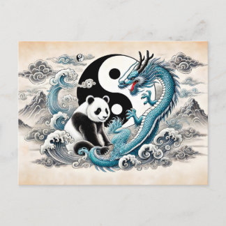 Yin en Yang Panda en Dragon in Aziatische kunststi Briefkaart