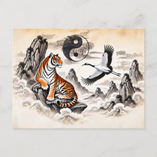 Yin en Yang Tijger en Kraan in Aziatische Kunststi Briefkaart
