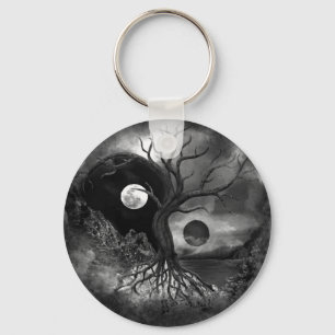 Yin Yang Boom Landschap Zwart en Wit Sleutelhanger