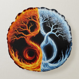 Yin Yang-boom Motief dat Evenwicht van Vuur Verteg Rond Kussen