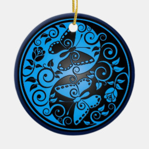 Yin Yang Butterflies, blauw en zwart Keramisch Ornament