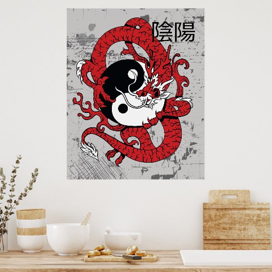 Yin yang Chinees symbool en draak Poster (Keuken)