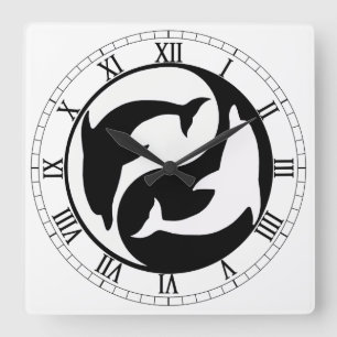 Yin Yang Dolphins Square Roman Numerals Clock Vierkante Klok
