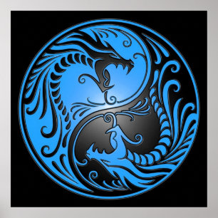 Yin Yang Dragons, blauw en zwart Poster