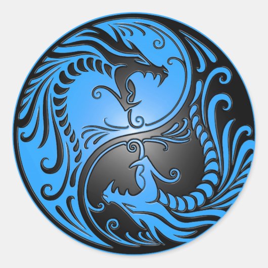 Yin Yang Dragons, blauw en zwart Ronde Sticker (Voorkant)