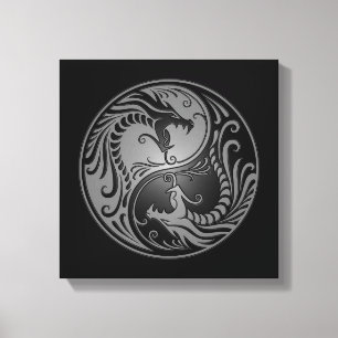 Yin Yang Dragons, grijs en zwart Canvas Afdruk