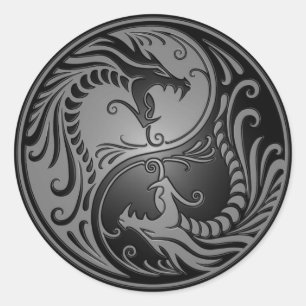 Yin Yang Dragons, grijs en zwart Ronde Sticker