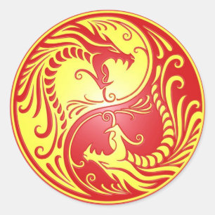 Yin Yang Dragons, rood en geel Ronde Sticker