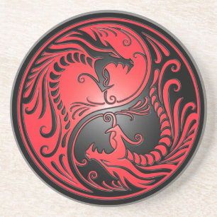 Yin Yang Dragons, rood en zwart Zandsteen Onderzetter