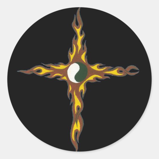 Yin Yang Fire Cross Ronde Sticker (Voorkant)